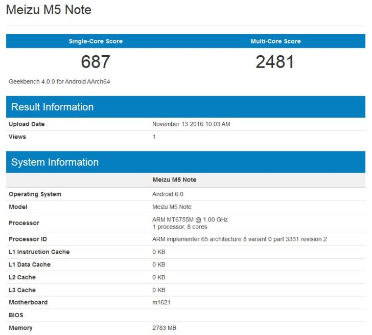 Meizu M5 Note замечен в GeekBench