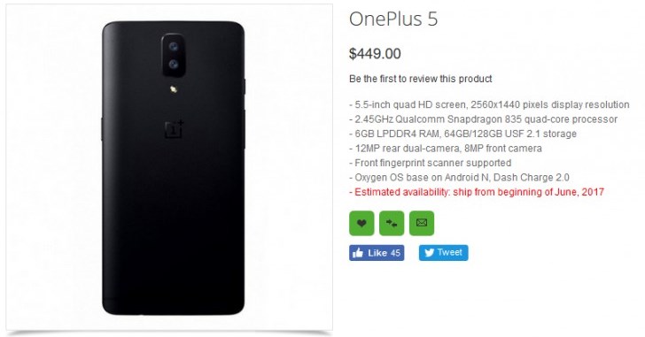 OnePlus 5 появился на сайте крупного онлайн-магазина