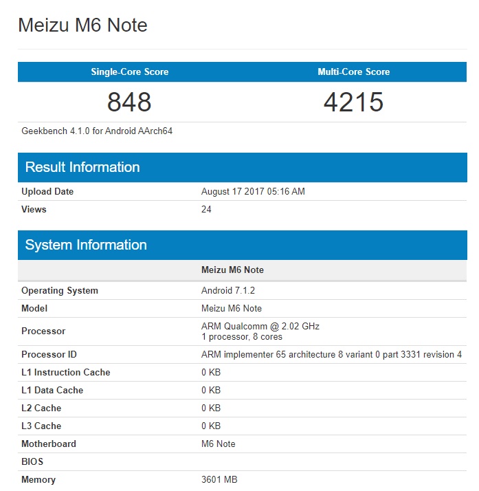 Meizu M6 Note замечен в Geekbench