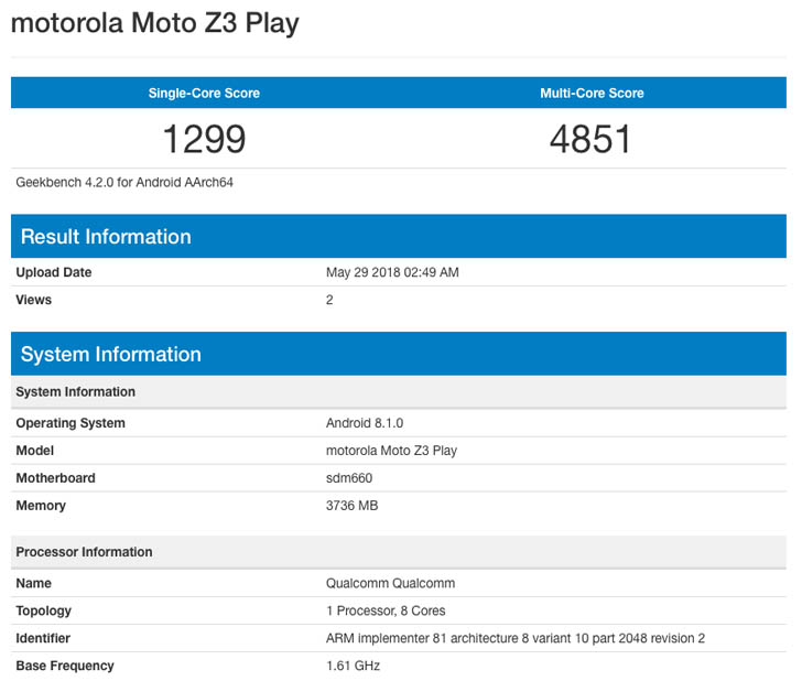 Moto Z3 Play на Snapdragon 660 появился в бенчмарке GeekBench