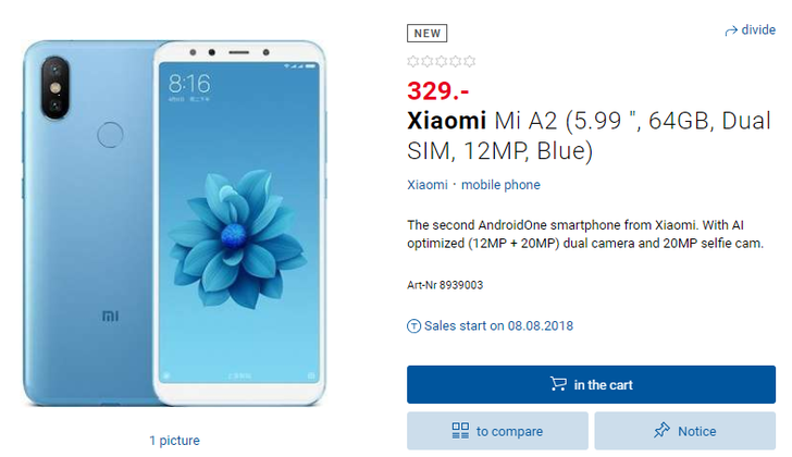 Xiaomi Mi A2 засветился в швейцарском онлайн-магазине