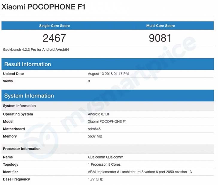 Xiaomi Pocophone F1 отметился в бенчмарке Geekbench
