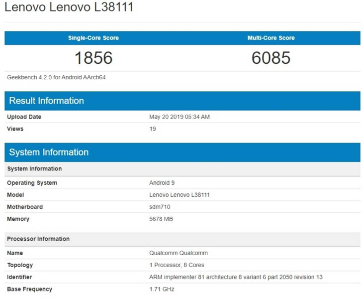 Lenovo K6 Note 2019 замечен в бенчмарке Geekbench