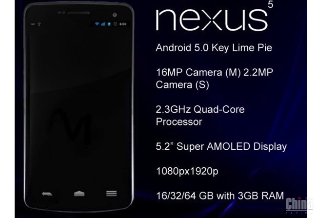Утечка информации о характеристиках нового Google Nexus 5