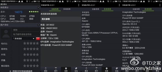 Тест Antutu показывает, что Xiaomi Red Rice построен на базе MT6589T