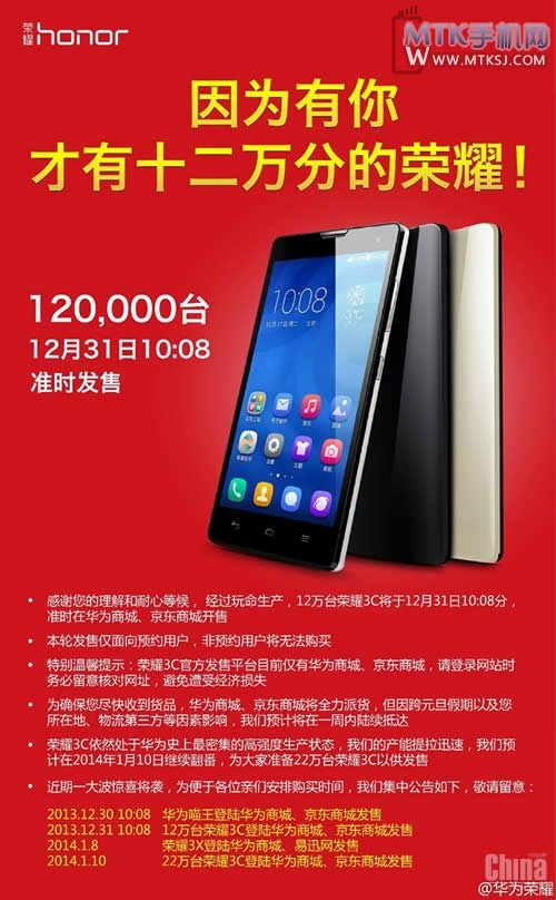 31 декабря в продажу поступит 120 000 Huawei Honor 3C