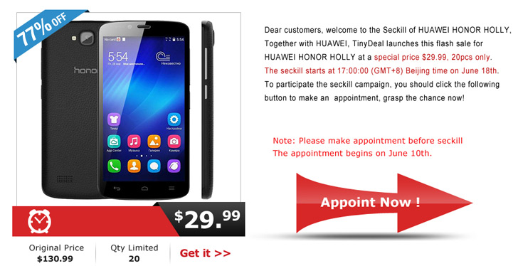 Купоны и акции от TinyDeal: Huawei Honor Holly, Lenovo K3, Xiaomi Piston 3, Doogee Valencia 2, Xiaomi Miband, OUKITEL U8 Universe Tap