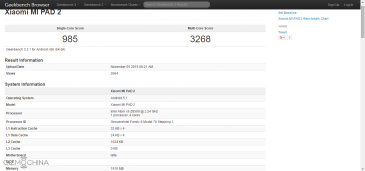 Xiaomi Mi Pad 2 с процессором Intel и 2 ГБ RAM засветился на GeekBench
