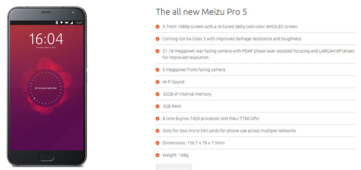 Meizu Pro 5 стал 4-м официальным смартфоном на ОС Ubuntu