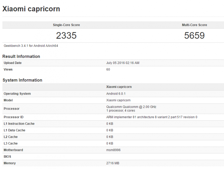 Xiaomi Capricorn на Snapdragon 820 и 3 ГБ RAM замечен в бенчмарке
