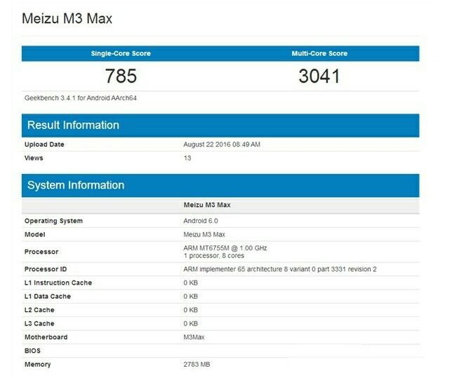 Geekbench утверждает, что фаблет Meizu M3 MaX построена на базе Helio P10