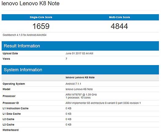 В бенчмарке Geekbench засветился смартфон Lenovo K8 Note