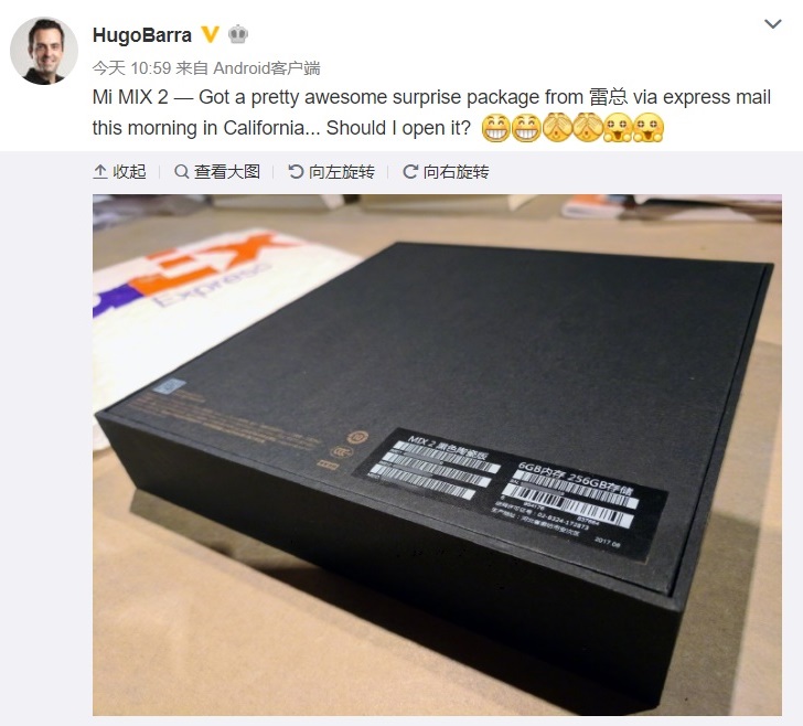 Хьюго Барра уже получил свой экземпляр Xiaomi Mi Mix 2