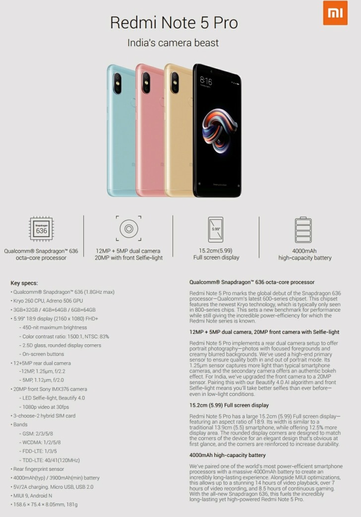 В сеть попали характеристики Xiaomi Redmi Note 5 и Redmi Note 5 Pro