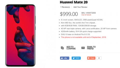 Будущий флагман Huawei Mate 20 оценили в $999