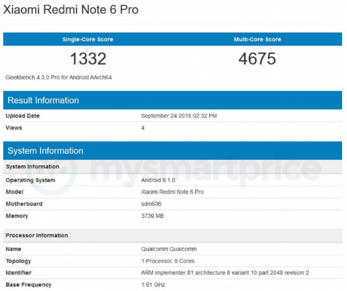 Xiaomi Redmi Note 6 Pro отметился в бенчмарке Geekbench