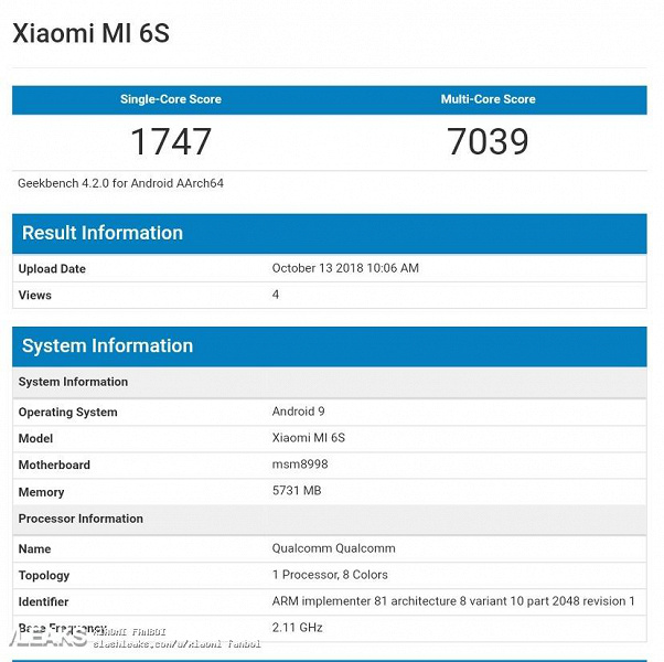 В Geekbench засветился смартфон Xiaomi Mi6S на Snapdragon 835