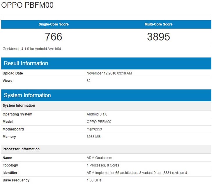 Смартфон Oppo A7 появился в базе данных Geekbench