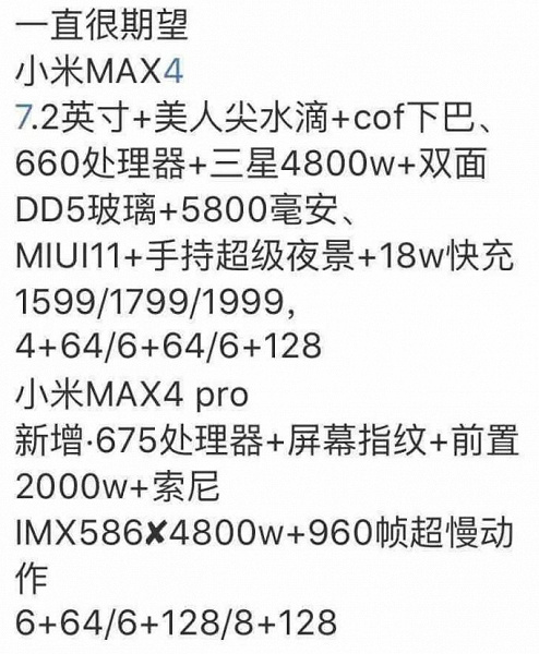 Озвучены спецификации Xiaomi Mi Max 4 и Mi Max 4 Pro