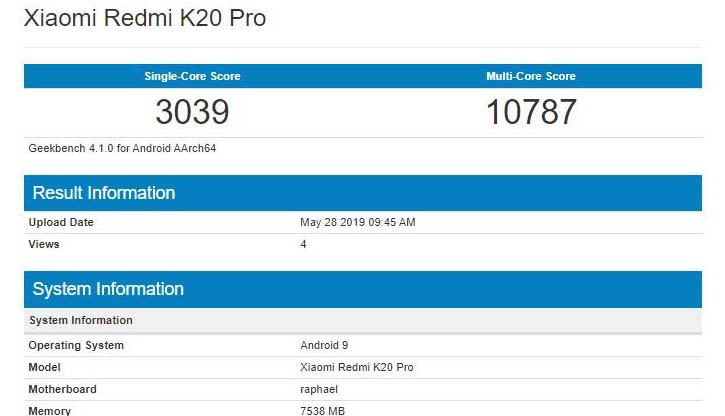 Производительность Redmi K20 Pro оценили в Geekbench