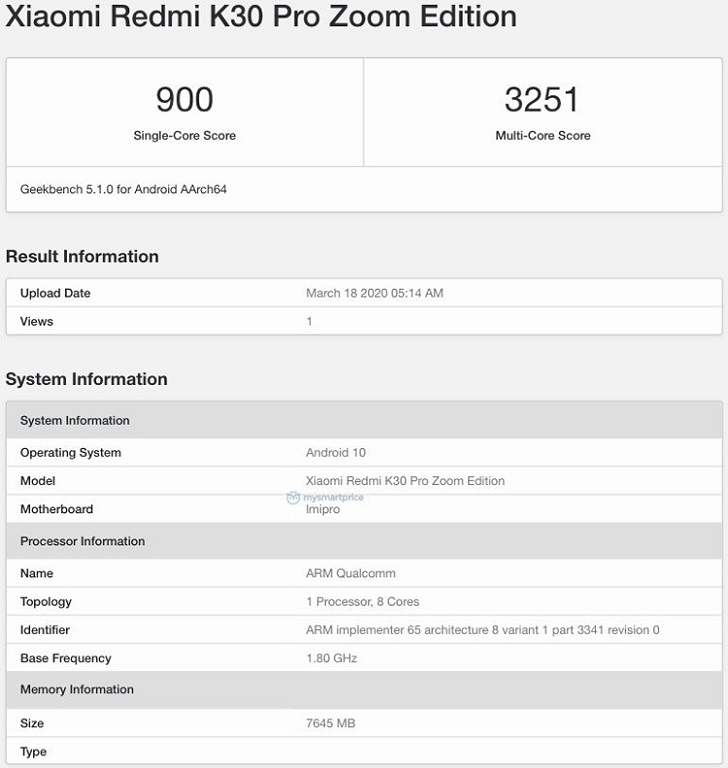 Xiaomi Redmi K30 Pro Zoom Edition протестировали в Geekbench 5