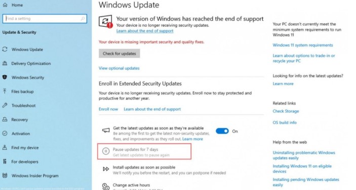 Microsoft відключила функцію призупинення оновлень у Windows 10